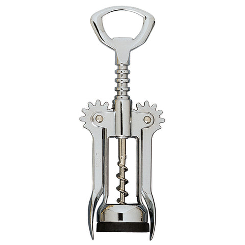 2040-C Franmara Wing Corkscrew, 6-5/8" overall length, auger spiral, with bottle cap opener, expanded bottle base, chrome plated, silver, Made in Italy (carded)