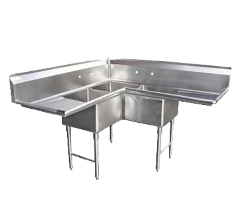 SH24243C GSW 75" x 30" 3-Compartment Corner Sink w/ 22-1/2" Drainboards & 11-1/2" Backsplash