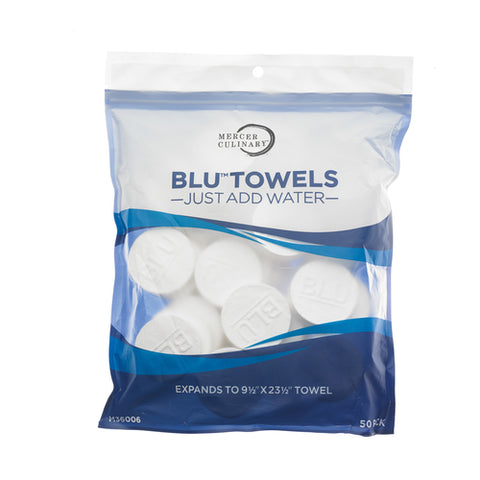 M36006 Mercer Culinary BLU™ Towels, 50 pack, 100% non-woven cotton, reusable, 9 1/2" x 23 1/2" size when hydrated, 1 3/4" diam x 3/8" when dehydrated, 100% biodegradable/compostable, white